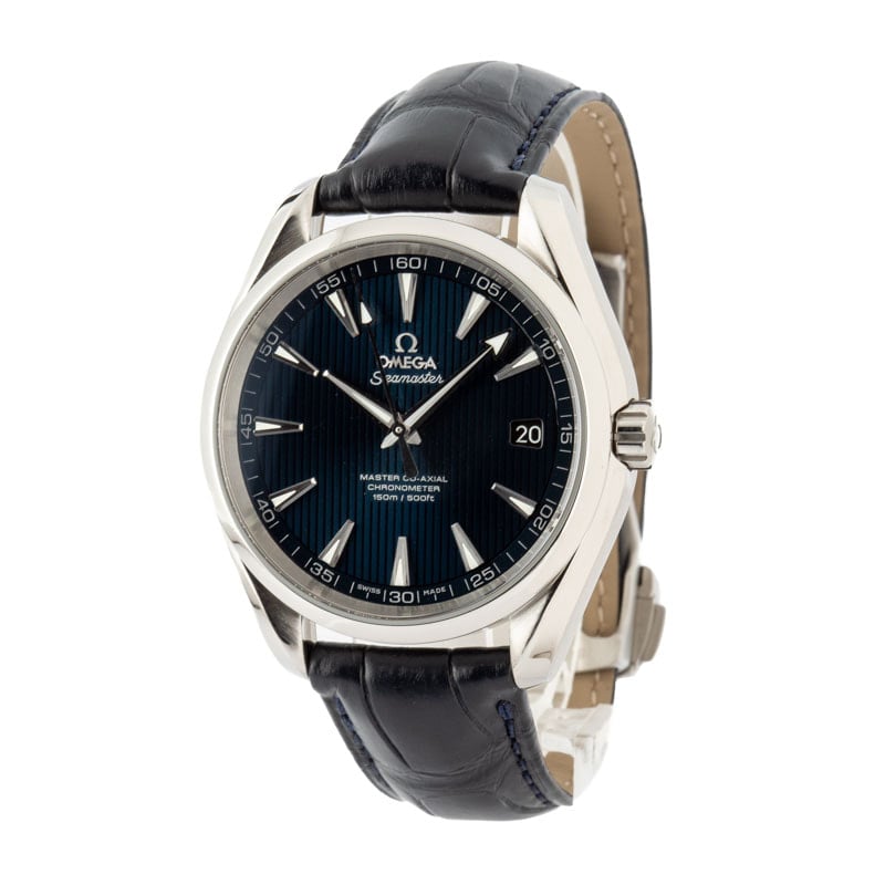 Used Omega Seamaster Aqua Terra with Blue Teak Dial and Leather-based Strap