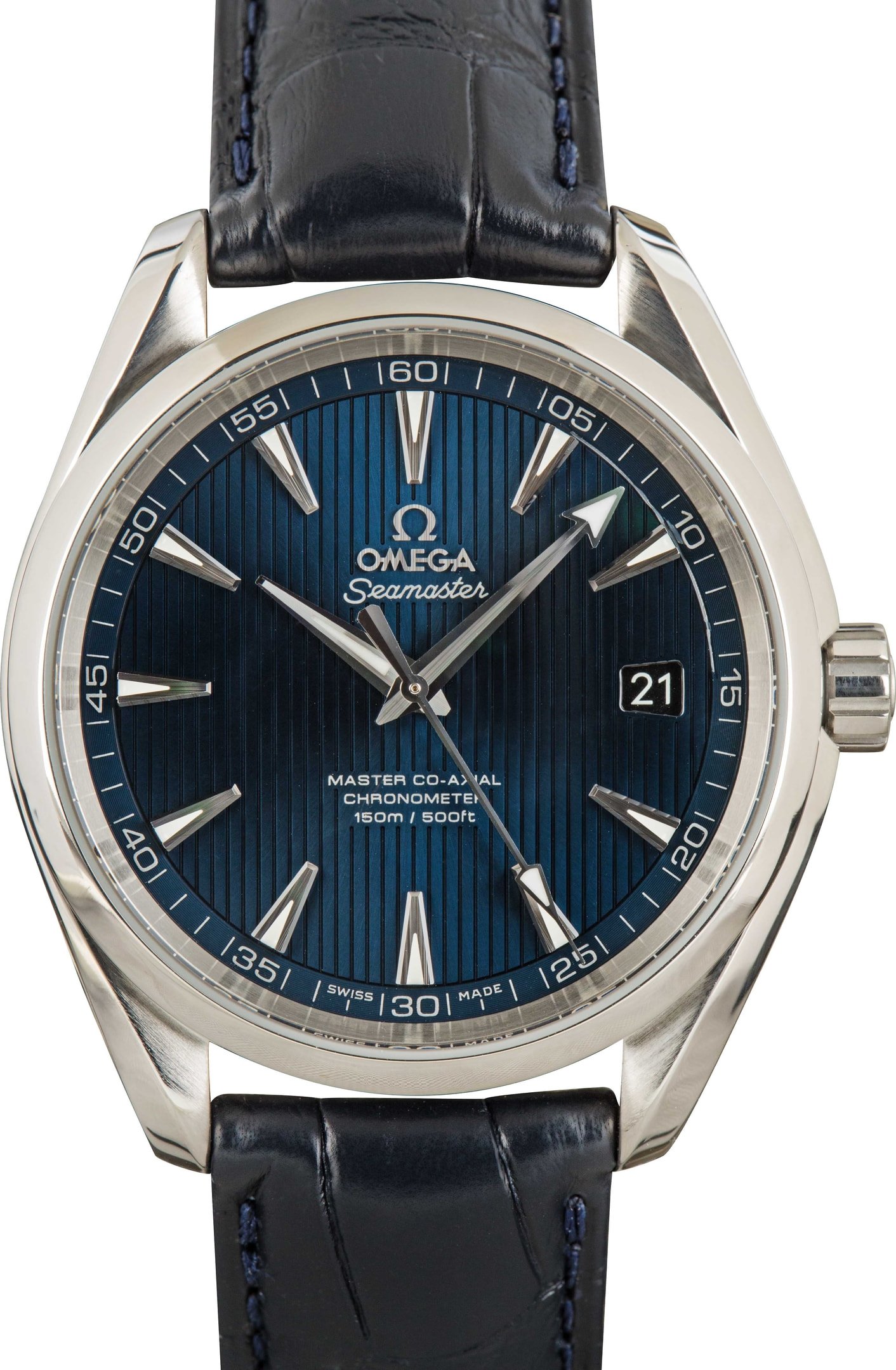 Used Omega Seamaster Aqua Terra with Blue Teak Dial and Leather-based Strap